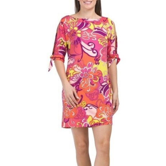 Trina Turk Mini Dress Womens XS Tie Sleeve Vinet Floral Medley Jersey Pucci New - Picture 1 of 7